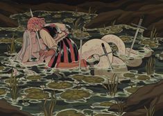 an image of two people in the water with their backs to each other and holding swords