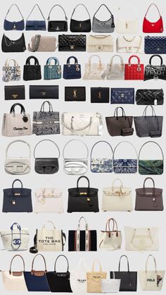 many different types of purses are shown in this image, all lined up together