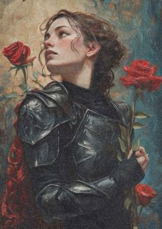 a painting of a woman in armor and holding roses with her face to the side