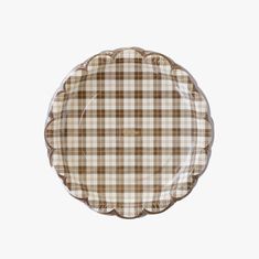 a brown and white checkered paper plate on a white background, with the lid partially closed