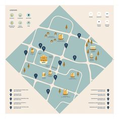 a map showing the location of several buildings and locations in different areas, including trees