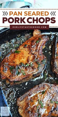 pan seared pork chops in a cast iron skillet with text overlay