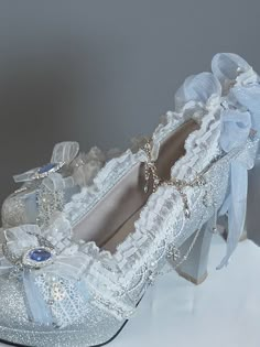 Cool Breeze Ruffle Trim Rhinestones Qi Lolita High Heels Mermaid Shoes High Heels, Rococo Heels, Sweet 16 Heels, White And Blue Heels, Royal Heels, Swan Heels, Ball Heels, Quinceanera Shoes, Princess Heels