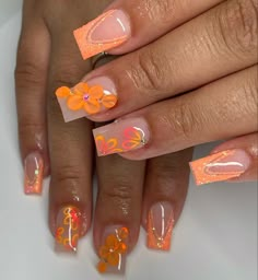 Short French Tip Acrylic Nails Orange, Acrylic Nail Designs Square Orange, Orange Nails With 3d Flowers, Orange Flower Acrylic Nails, Orange Nails 3d Flowers, Nail Drawing