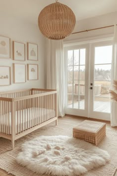 a baby's room with a crib, rug and pictures on the wall