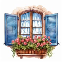 a window with blue shutters and pink flowers in a wooden planter on the ledge