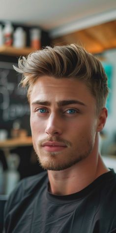 a man with blonde hair and blue eyes looks at the camera while sitting in front of a coffee shop