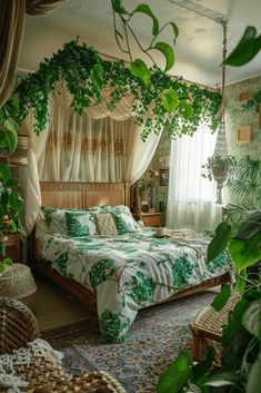 a bed sitting in a bedroom next to a window covered in green plants and curtains