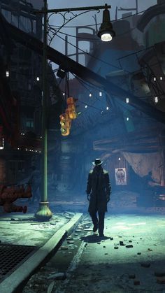 a man walking down a street at night