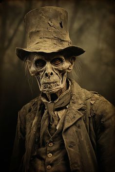 a creepy man wearing a top hat and trench coat