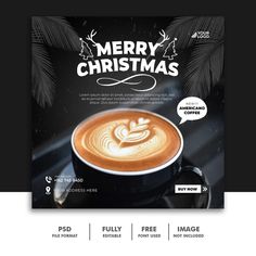 a black and white christmas flyer with a cup of coffee