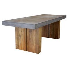 a concrete table with two wooden legs