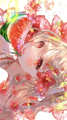 a girl with long hair and flowers on her head is surrounded by watermelon