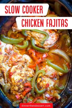 slow cooker chicken fajitas with peppers and onions in a crock pot