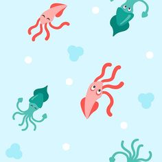 an octopus, squid and jelly fish swimming in the ocean with bubbles on a blue background