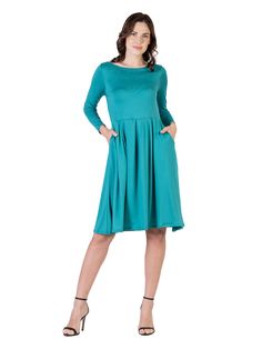 A fall wardrobe must have. This midi dress for women is great for any occasion whether casual or dressy. Featuring a round neckline, long sleeves, midi length hemline, pleated waist, and pockets for a finishing touch. Pair this fit n flare dress with ballet flat for a casual look or create a dressy look with heels. Available in nine beautiful color options, youll want one in every color. Made from a soft and comfortable stretch material that is machine washable for easy care. material: 92% Polye Medium Wash Knee-length Midi Dress With Button Closure, Knee-length Rayon Dresses With Button Closure, Button-up Medium Wash Midi Dress With Pockets, Ribbed Bodycon Midi Dress, Midi Dress For Women, A-line Stretch Sweater Dress, Rust Dress, Long Sleeve Midi, Ballet Flat