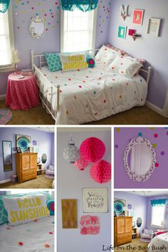 this is a collage of photos with pink, blue and green decor in the bedroom