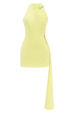 A drapey detail drops below the hemline of this curve-hugging minidress topped by a funnel neck with pleats and gleaming hardware. Exclusive retailer Back zip closure Funnel neck Sleeveless Stretch lining 65% polyester, 15% recycled polyester Dry clean Imported