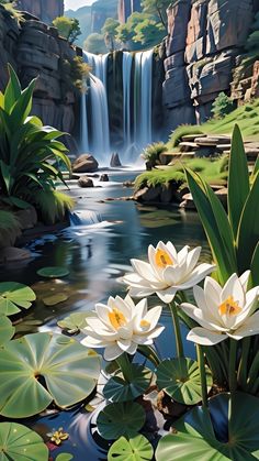 there is a waterfall and some flowers in the water