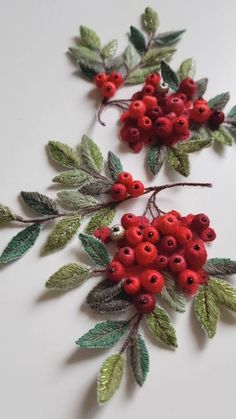 some red berries and green leaves on a white surface