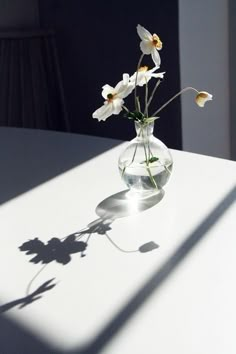 a glass vase filled with white flowers on top of a table