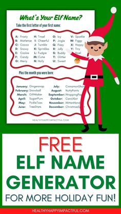 an elf is pointing at a sign that says, free elf name generator for more holiday fun