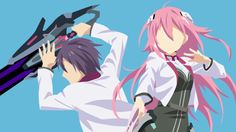 two anime characters with pink hair and black overalls, one holding a scissor