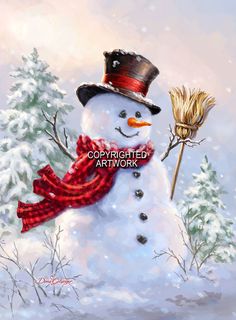 a snowman wearing a hat and scarf holding a broom with the words happy friday blessing