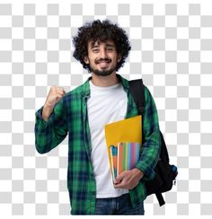 a man with curly hair holding books and backpack