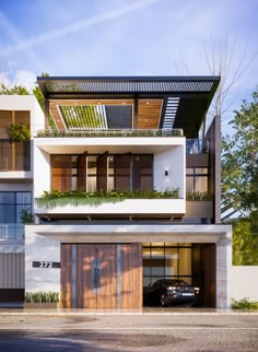 a car is parked in front of a building with plants on the balconies