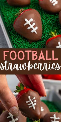 chocolate covered strawberries with football decorations on them