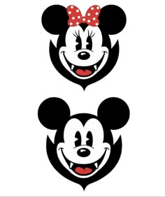 two mickey and minnie mouse heads with red bows on their heads, one is smiling