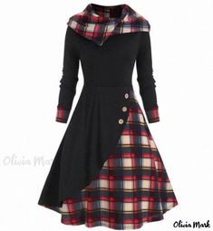 Olivia Mark - Plaid Patchwork Hooded High Neck Dress Flowy Dress Casual, Vintage Midi Dresses, Black Checkered, Hooded Dress, Vestidos Vintage, Gothic Dress, Dresses By Length, Midi Dress Sleeveless, Long Sleeve Midi Dress