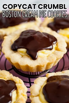 several small desserts with chocolate on top and the words copycat crumbl boston cream pie cookies