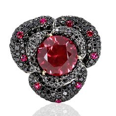 18k White gold, yellow gold and oxidised white gold ring with balck diamonds, rubies and sybthetic center stone. 18.96 grams Mixed Metal Jewelry, Black Diamond Ring, 18k Gold Ring, Ruby Jewelry, Black Diamonds, Tiffany And Co, Elegant Ring, White Gold Ring, Gold Yellow