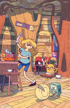 a woman is dancing in the middle of a wood floored room with other cartoon characters