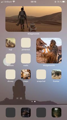 an iphone screen with the star wars theme and icons on it, including characters from different films