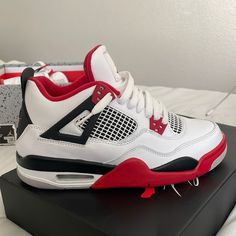 Jordans For Women Red, Jordans 4 For Women, Trendy Shoes Sneakers Nike, Red White And Black Jordans, Jordan 4 Shoes For Women, Red Shoes Jordans, Cheap Shoes For School, Red Jordans 4s, Cute Jordans 4s