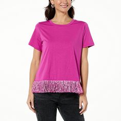 G by Giuliana Short-Sleeve Knit Top with Fringe Trim Every day is a good day to sparkle … and why not add a little fringe too? Take your everyday look from drab to fab with this classic short-sleeve tee updated with faux feather fringe and sparkling sequins. Spring Fringe Crew Neck Tops, Spring Crew Neck Top With Fringe, Spring Cotton Fringe T-shirt, Spring Fringe Cotton T-shirt, Spring Knit Top With Fringe, Casual Knit Top With Fringe, Spring Pink Fringed Tops, Pink Fringe Top For Spring, Pink Fringed Top For Spring