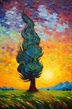 an abstract painting of a tree in the middle of a field with colorful sky and clouds