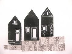 an image of three houses on top of each other with words written below them in black and white