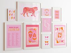 there are many pictures on the wall with pink and orange designs in them, including a tiger