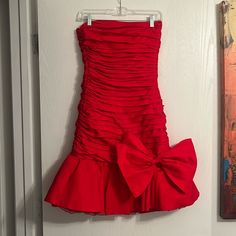 Absolutely Stunning 1980's Era Christian Dior Party Dress In Cherry Red Cotton. Featuring A Figure Flattering Shirred Body And Playful Drop Waist Skirt With Big Bow. Dior Party Dress, Dior Party, Dior Dresses, Drop Waist Skirt, Red Cocktail, Hairdos For Curly Hair, Vintage Christian Dior, Red Cocktail Dress, Big Bow