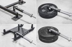 four different views of a barbell and weight machine with the same height as each other