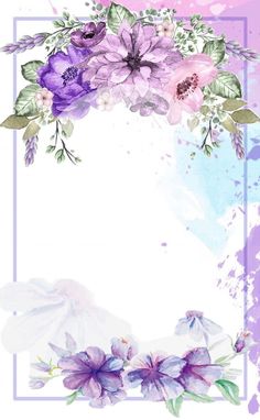 a watercolor painting with flowers and leaves on the bottom, in purples and blues