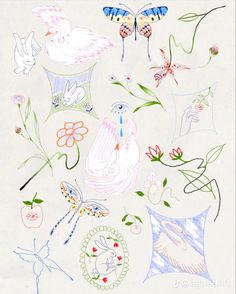 a drawing of flowers and birds on a white background