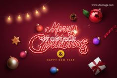 merry christmas and happy new year greeting card with ornaments, gifts and lights on red background