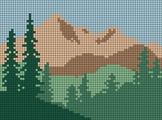 a cross stitch landscape with mountains in the background