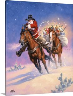 santa claus riding on the back of two brown horses