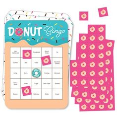 the donut bingo game is in pink and blue